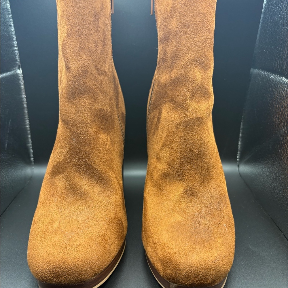 Tan Suede Ankle Booties with Stacked Heel by Mari A size 7